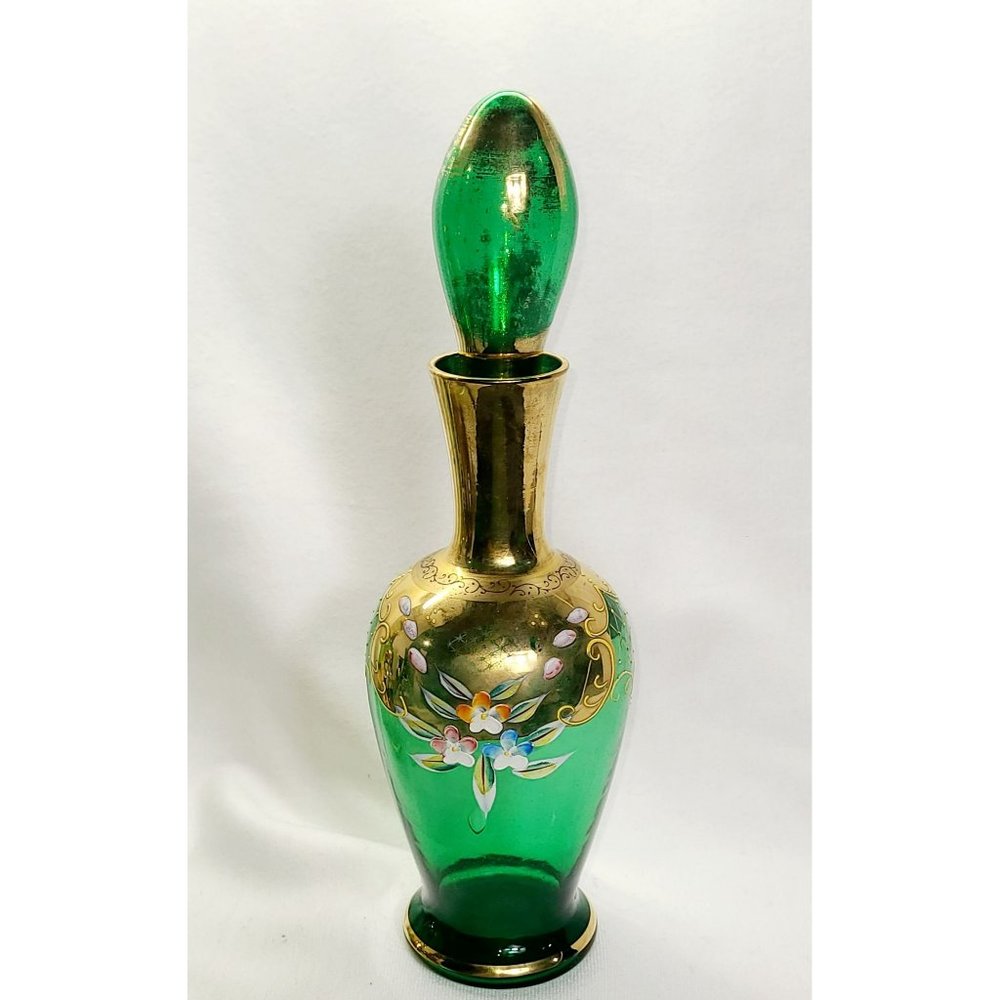 Bohemian style green decanter wirh floral